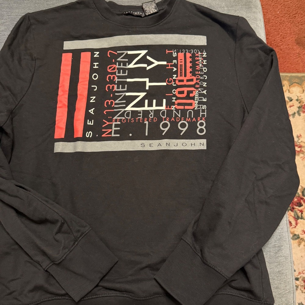 Sean John Mens Black Graphic Sweatshirt Nineteen Ninety Eight Crewneck Large